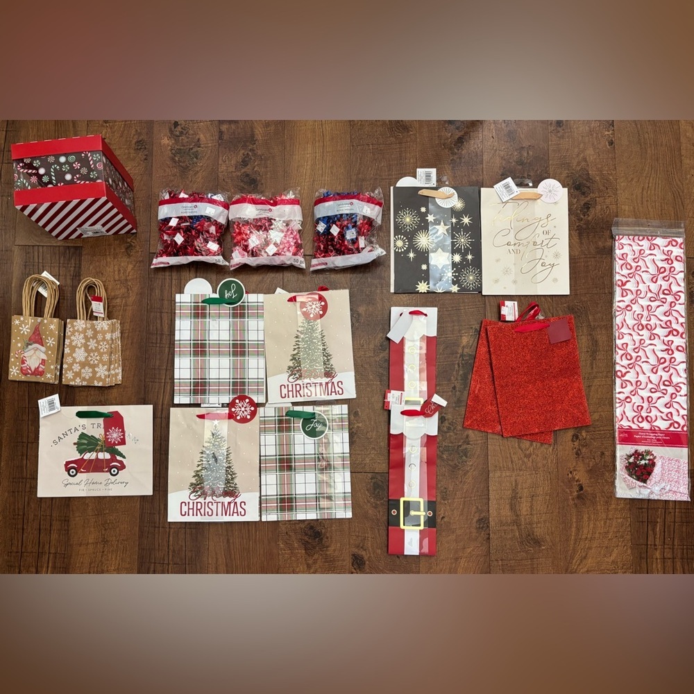 Christmas bags bows box paper NEW NWT Approx 4 lbs Santa candy cane tree